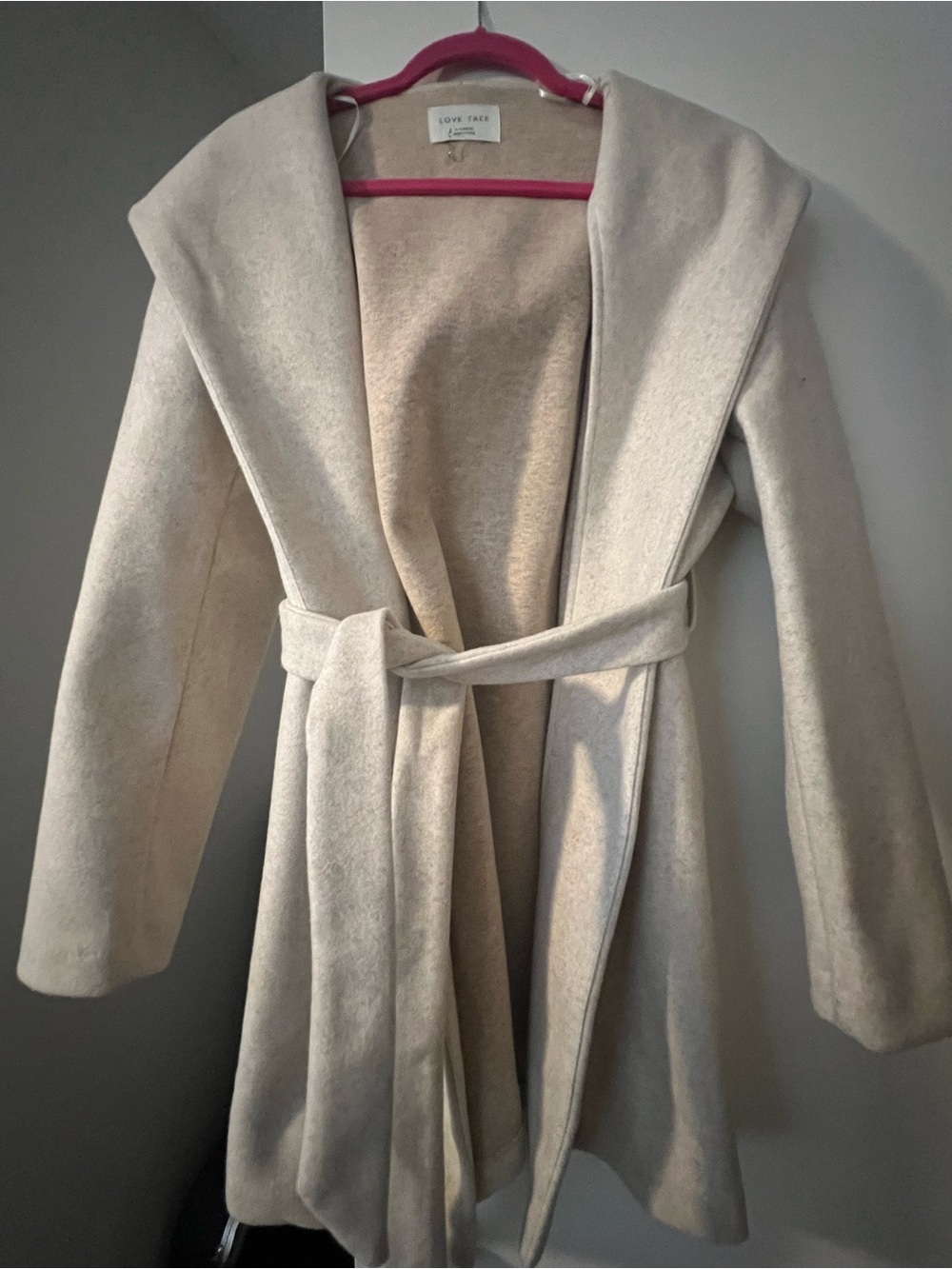 Love Tree Soft Cream Hooded Wrap Coat with Belt